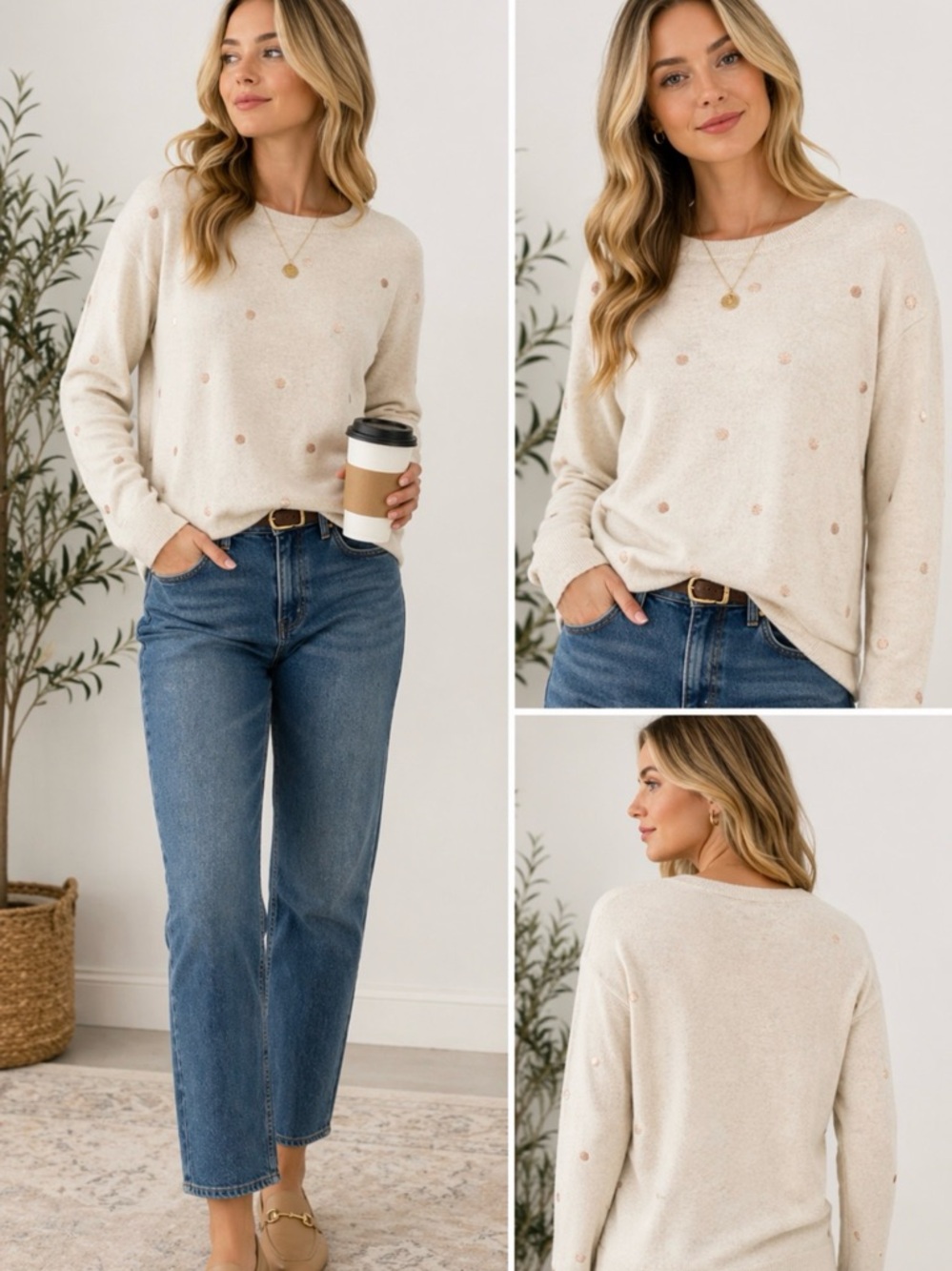 J. Crew Cream Merino Wool Blend Polka Dot Sweater Gold Lightweight Knit~XL💚🎀